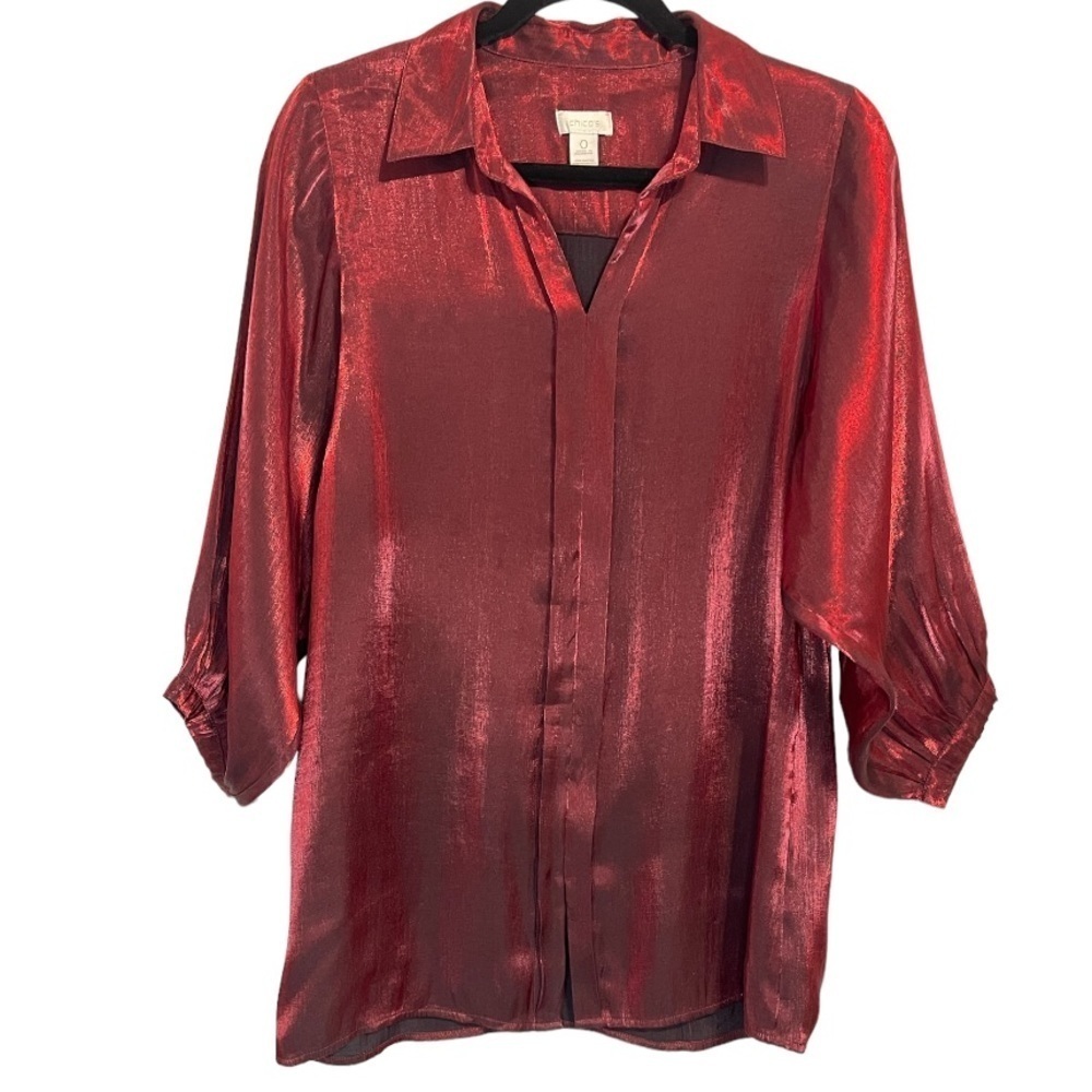 Chico's Iridescent Blouse Satin Burgundy Balloon Sleeve Women's Size 0
